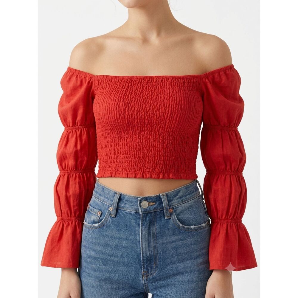 Boho Smocked Charlie Holiday Red Linen Blend Bell Sleeve Crop Top Size S Small